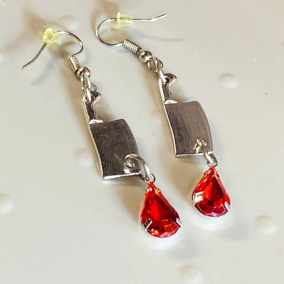 Meat Cleaver Earrings Pierced Hooks Dangle Drop Bead Halloween Whimsical Party - Picture 2 of 13